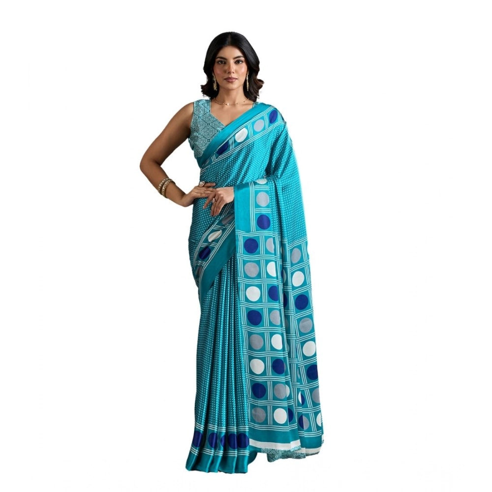 Vaystra Satin Crepe Printed Saree With Unstitched Blouse 5.5Mtr – Sky Blue