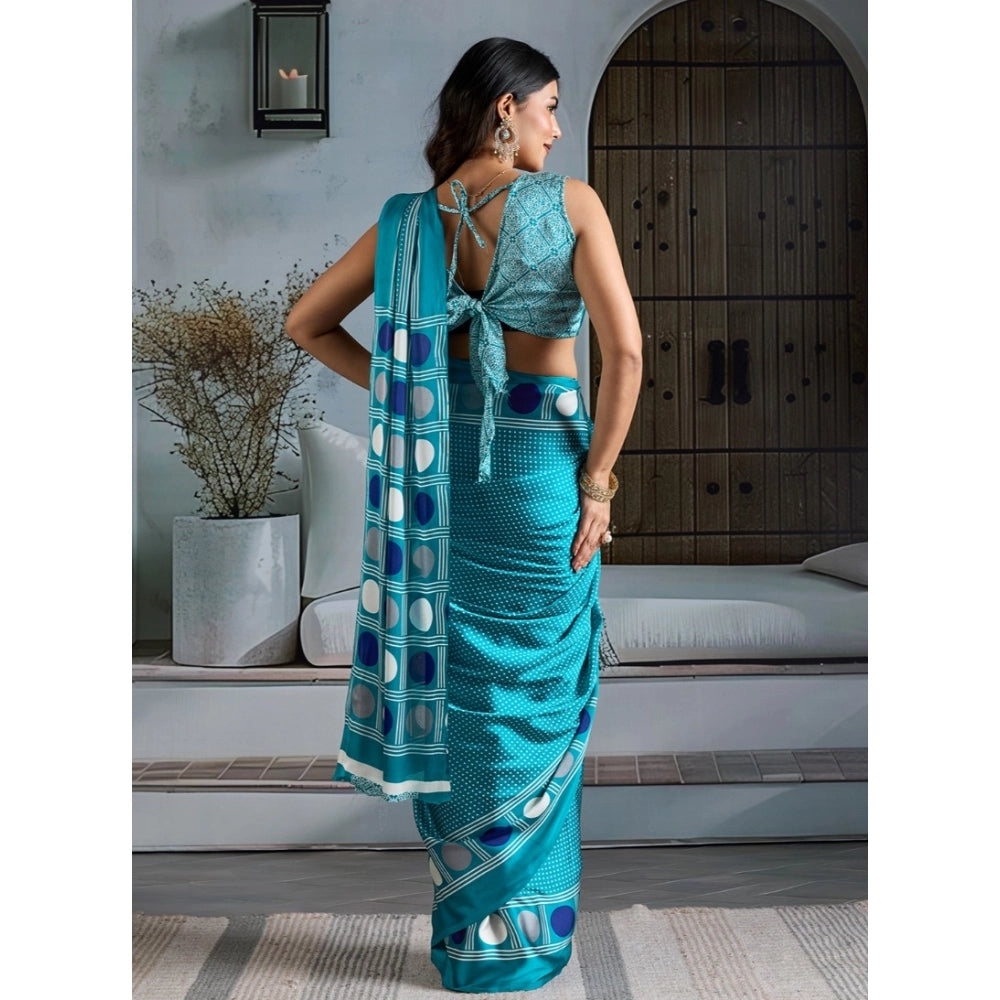 Vaystra Satin Crepe Printed Saree With Unstitched Blouse 5.5Mtr – Sky Blue