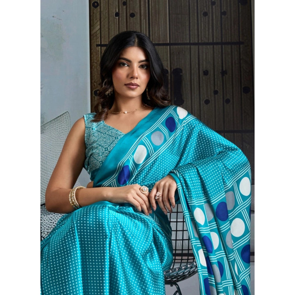Vaystra Satin Crepe Printed Saree With Unstitched Blouse 5.5Mtr – Sky Blue