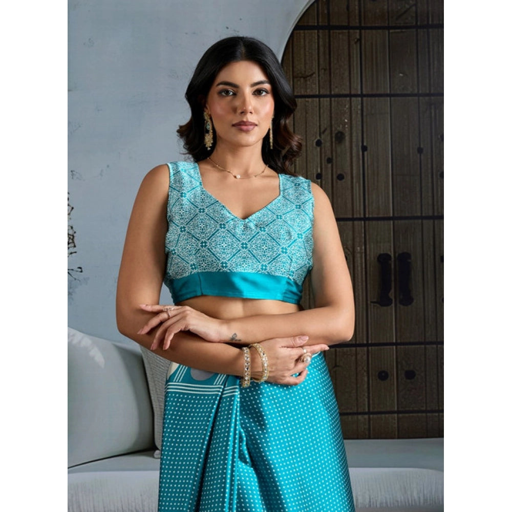 Vaystra Satin Crepe Printed Saree With Unstitched Blouse 5.5Mtr – Sky Blue