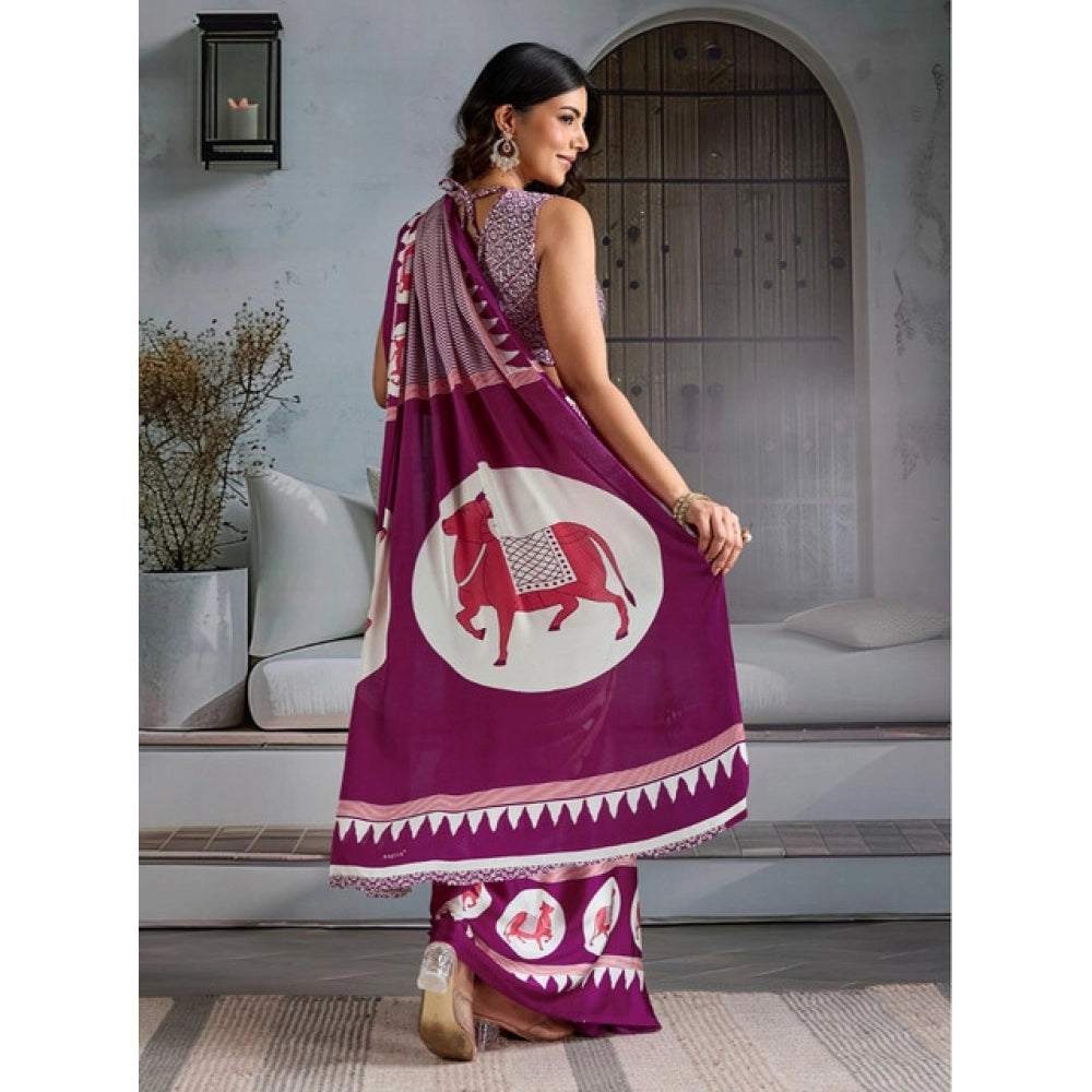 Vaystra Satin Crepe Printed Saree With Unstitched Blouse 5.5Mtr – Purple