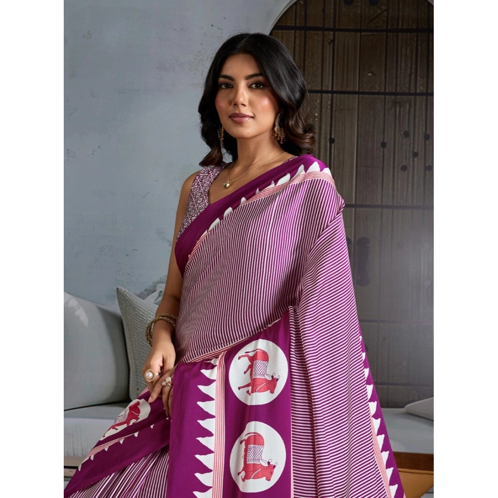 Vaystra Satin Crepe Printed Saree With Unstitched Blouse 5.5Mtr – Purple