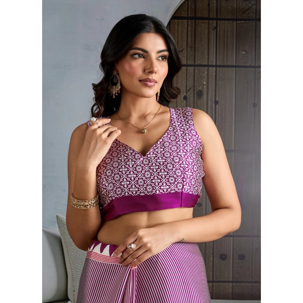 Vaystra Satin Crepe Printed Saree With Unstitched Blouse 5.5Mtr – Purple