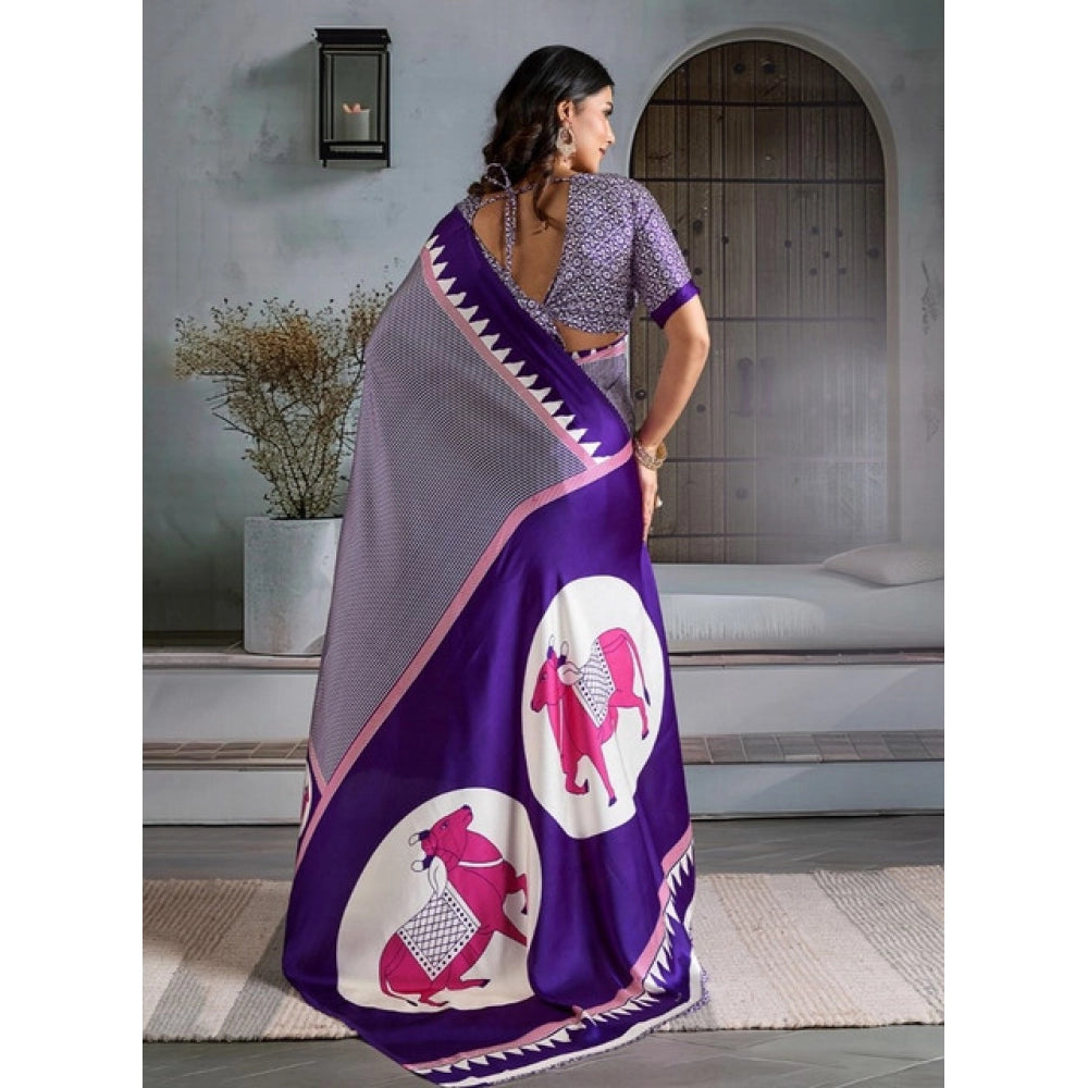 Vaystra Satin Crepe Printed Saree With Unstitched Blouse 5.5Mtr – Blue