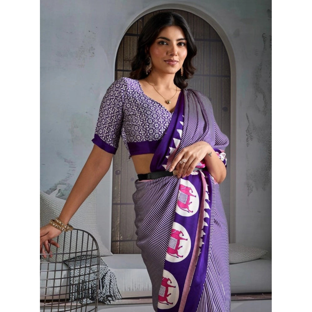 Vaystra Satin Crepe Printed Saree With Unstitched Blouse 5.5Mtr – Blue