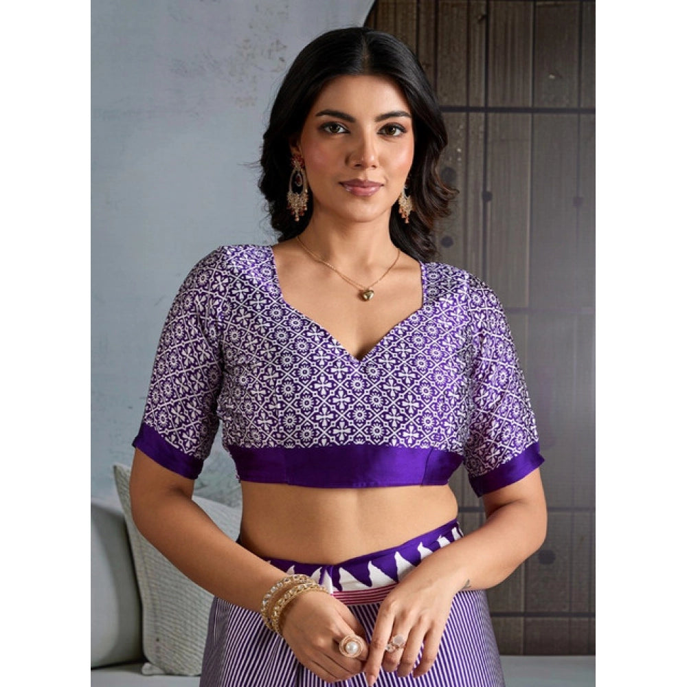 Vaystra Satin Crepe Printed Saree With Unstitched Blouse 5.5Mtr – Blue