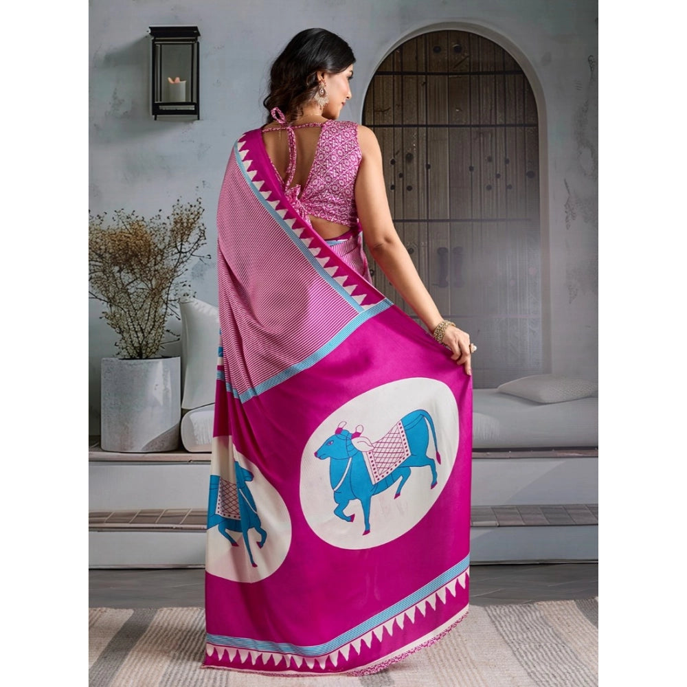 Vaystra Satin Crepe Printed Saree With Unstitched Blouse 5.5Mtr – Pink