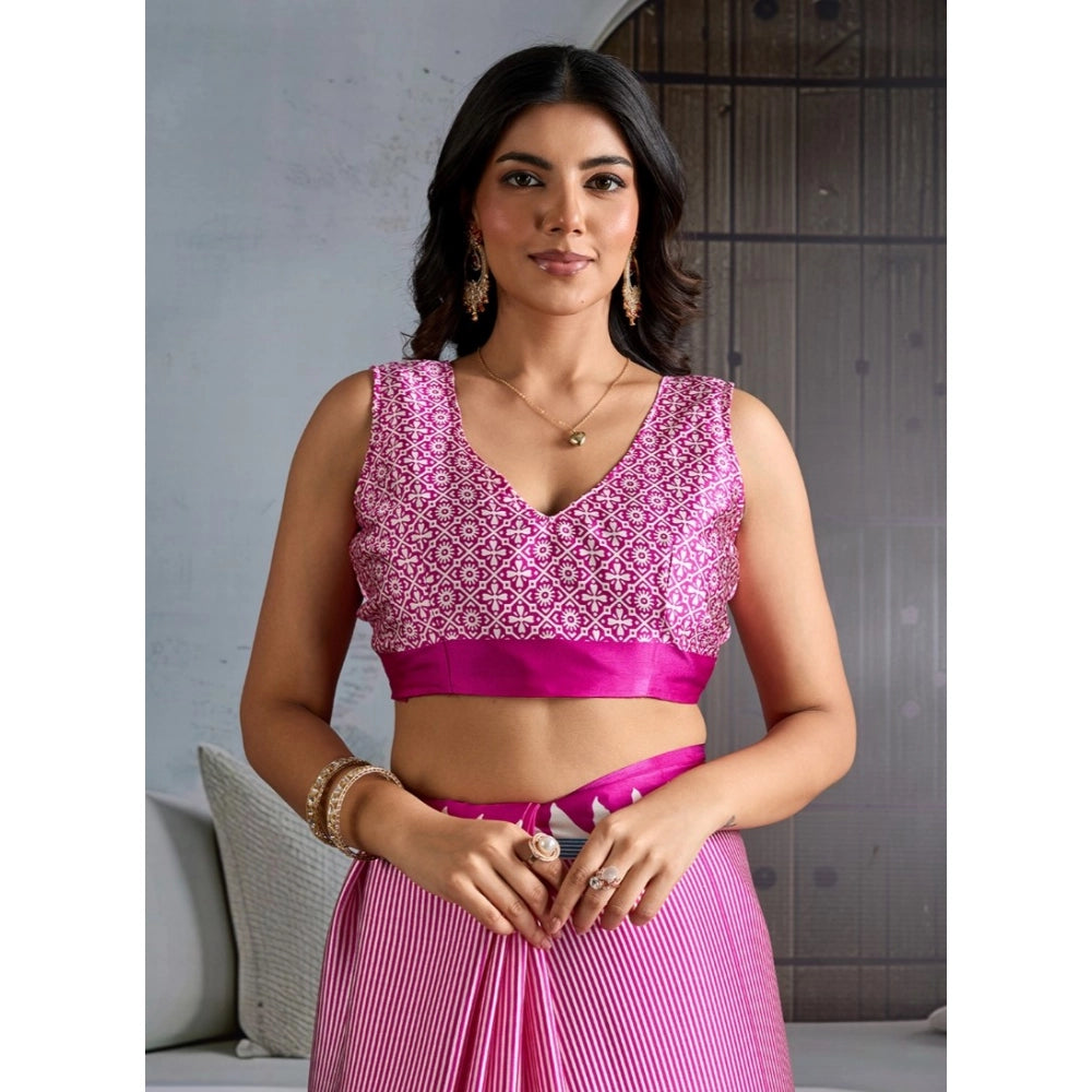Vaystra Satin Crepe Printed Saree With Unstitched Blouse 5.5Mtr – Pink