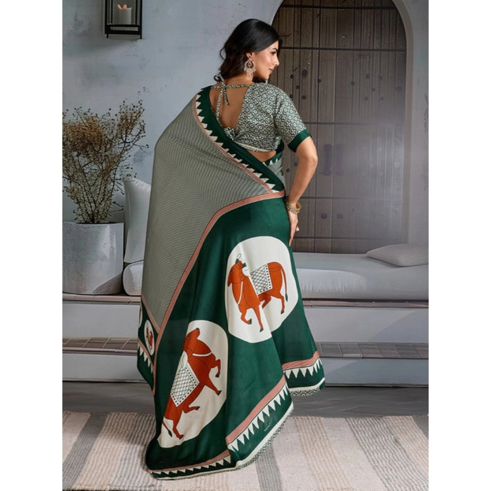 Vaystra Satin Crepe Printed Saree With Unstitched Blouse 5.5Mtr – Green