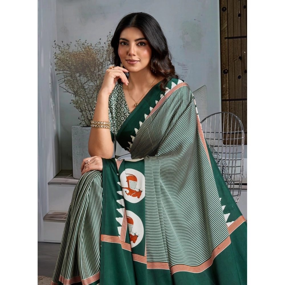 Vaystra Satin Crepe Printed Saree With Unstitched Blouse 5.5Mtr – Green