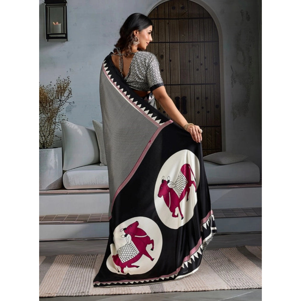 Vaystra Satin Crepe Printed Saree With Unstitched Blouse 5.5Mtr – Black