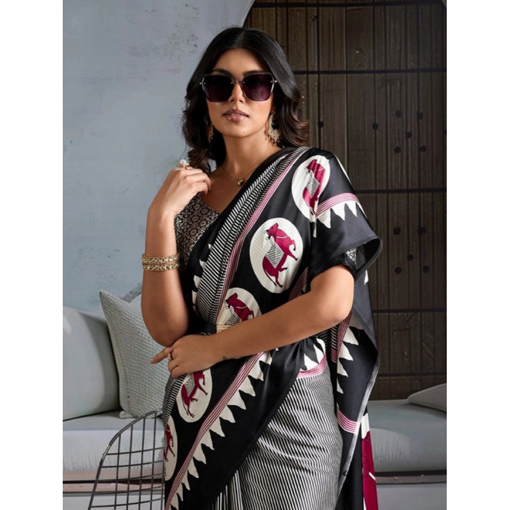 Vaystra Satin Crepe Printed Saree With Unstitched Blouse 5.5Mtr – Black