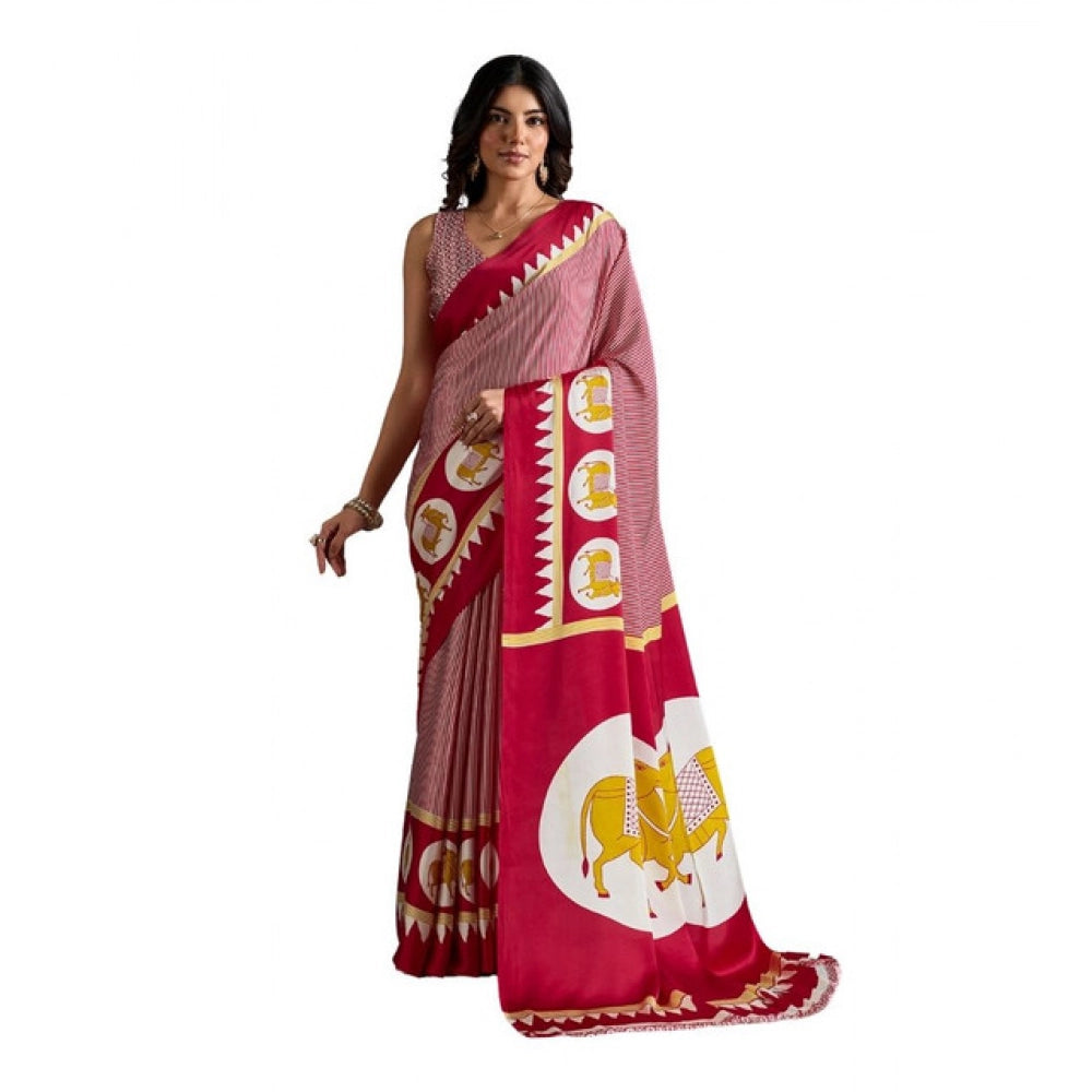 Vaystra Satin Crepe Printed Saree With Unstitched Blouse 5.5Mtr – Red