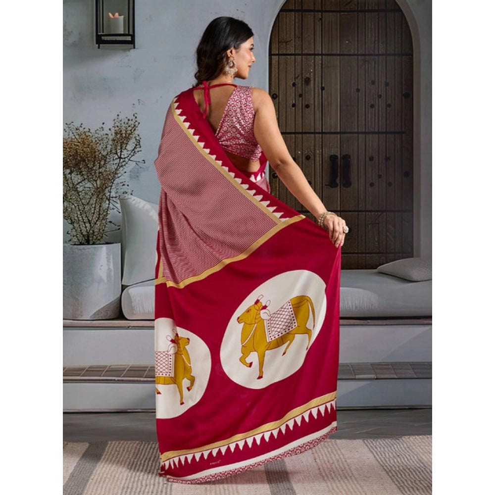 Vaystra Satin Crepe Printed Saree With Unstitched Blouse 5.5Mtr – Red