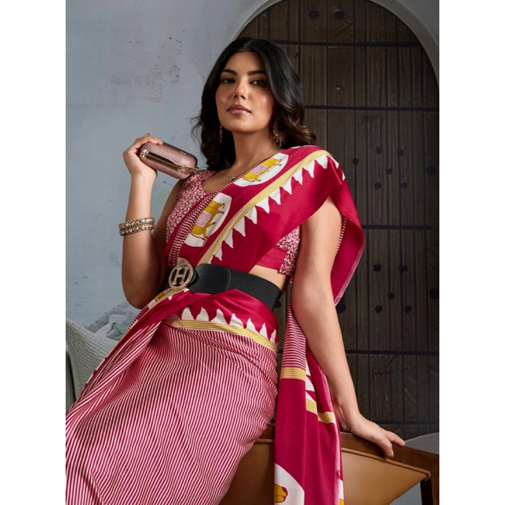 Vaystra Satin Crepe Printed Saree With Unstitched Blouse 5.5Mtr – Red