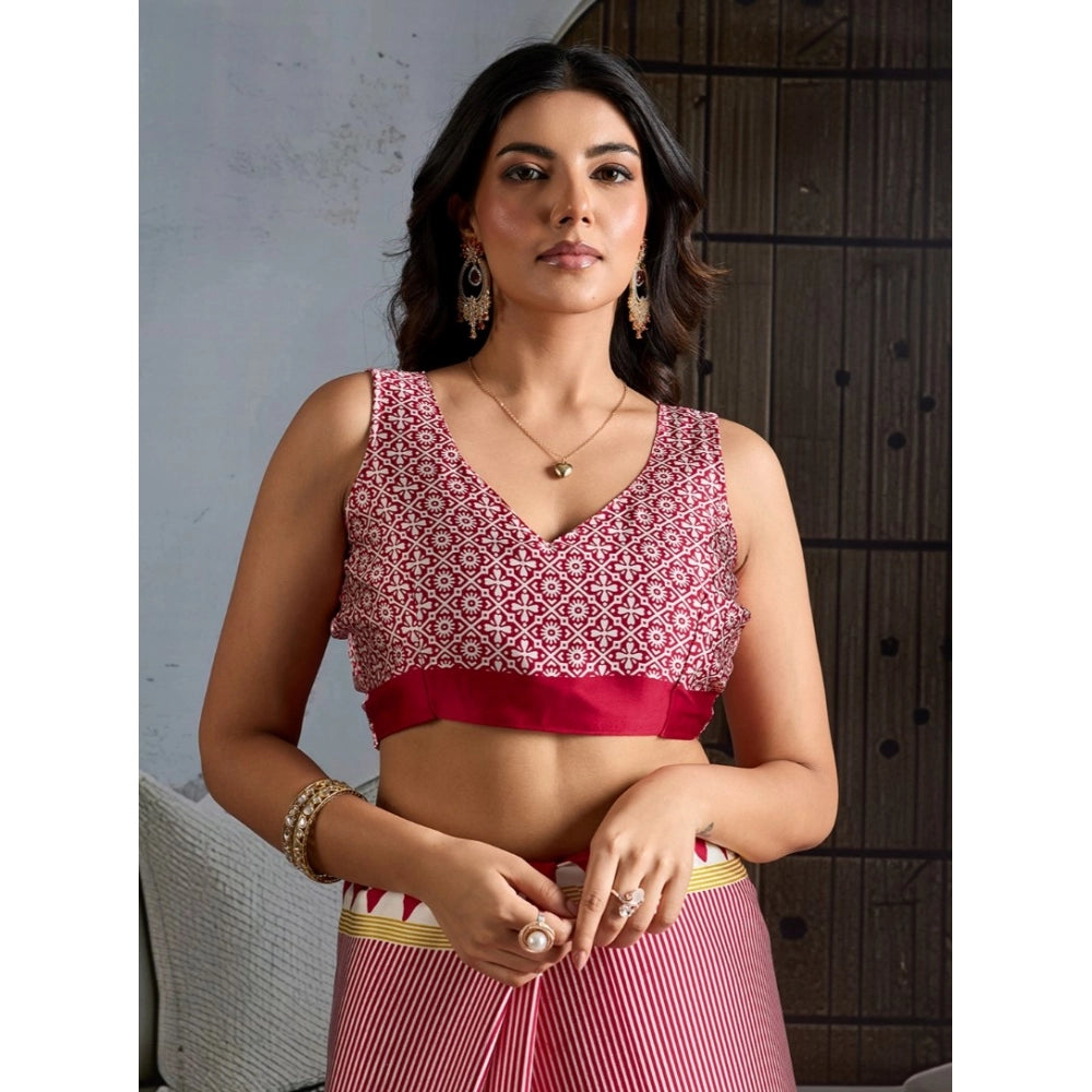 Vaystra Satin Crepe Printed Saree With Unstitched Blouse 5.5Mtr – Red