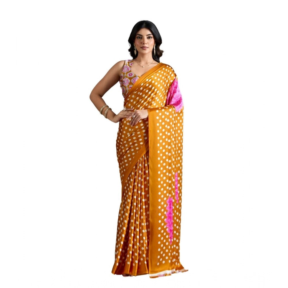 Vaystra Satin Crepe Printed Saree With Unstitched Blouse 5.5Mtr – Mustard