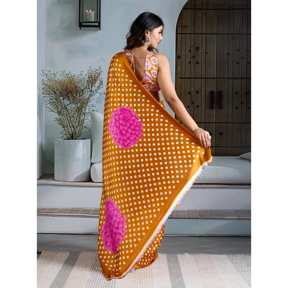 Vaystra Satin Crepe Printed Saree With Unstitched Blouse 5.5Mtr – Mustard