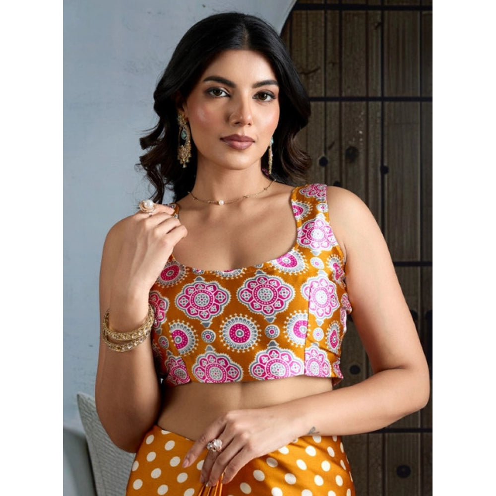 Vaystra Satin Crepe Printed Saree With Unstitched Blouse 5.5Mtr – Mustard