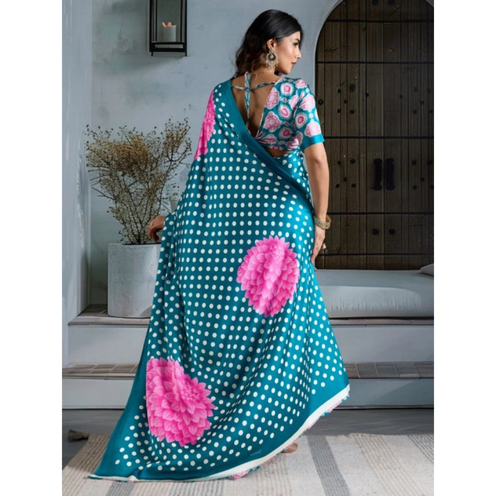 Vaystra Satin Crepe Printed Saree With Unstitched Blouse 5.5Mtr – Sky Blue