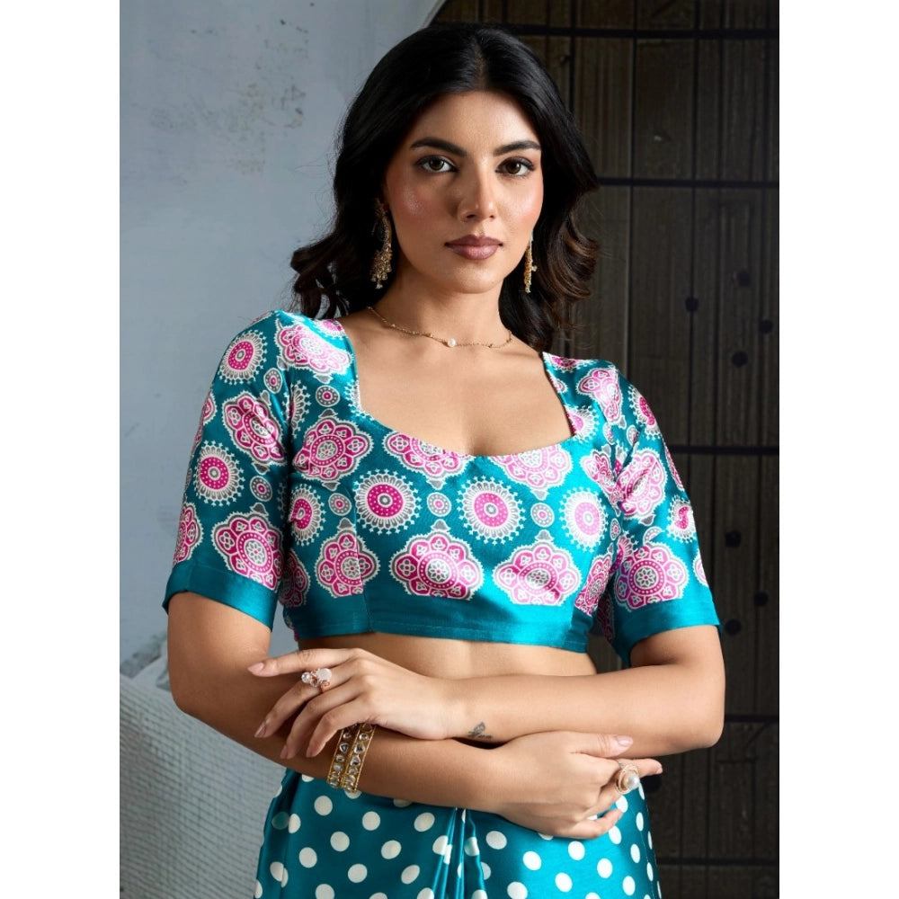 Vaystra Satin Crepe Printed Saree With Unstitched Blouse 5.5Mtr – Sky Blue