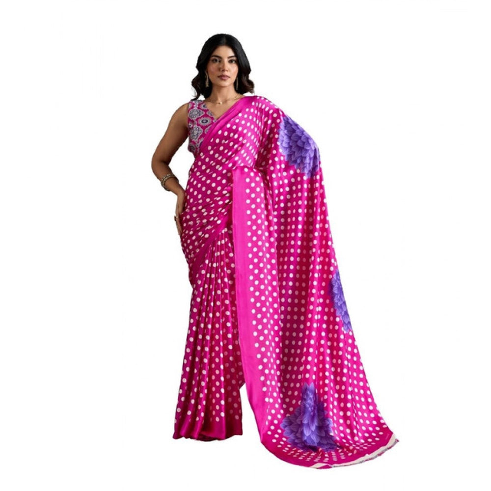 Vaystra Satin Crepe Printed Saree With Unstitched Blouse 5.5Mtr – Pink