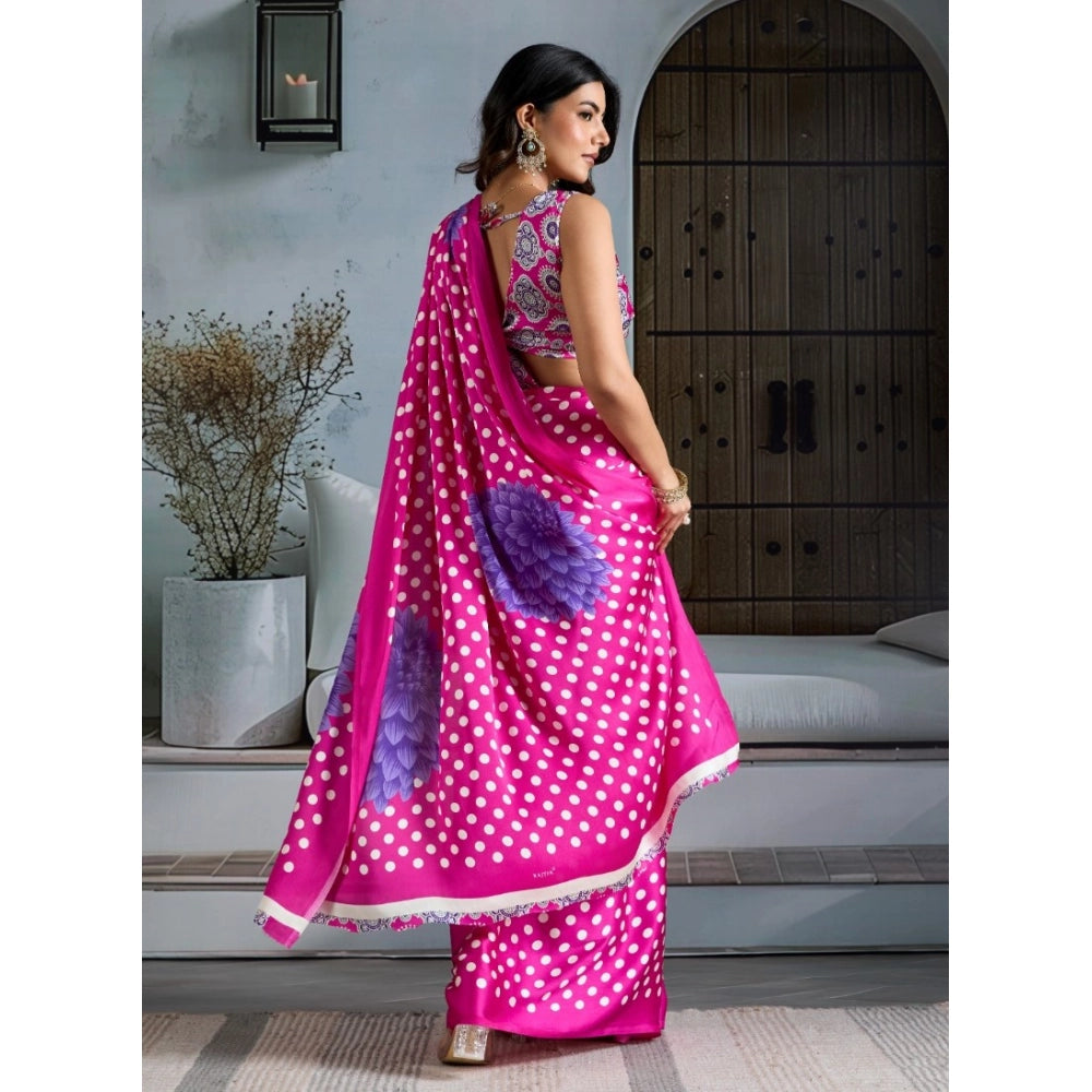 Vaystra Satin Crepe Printed Saree With Unstitched Blouse 5.5Mtr – Pink