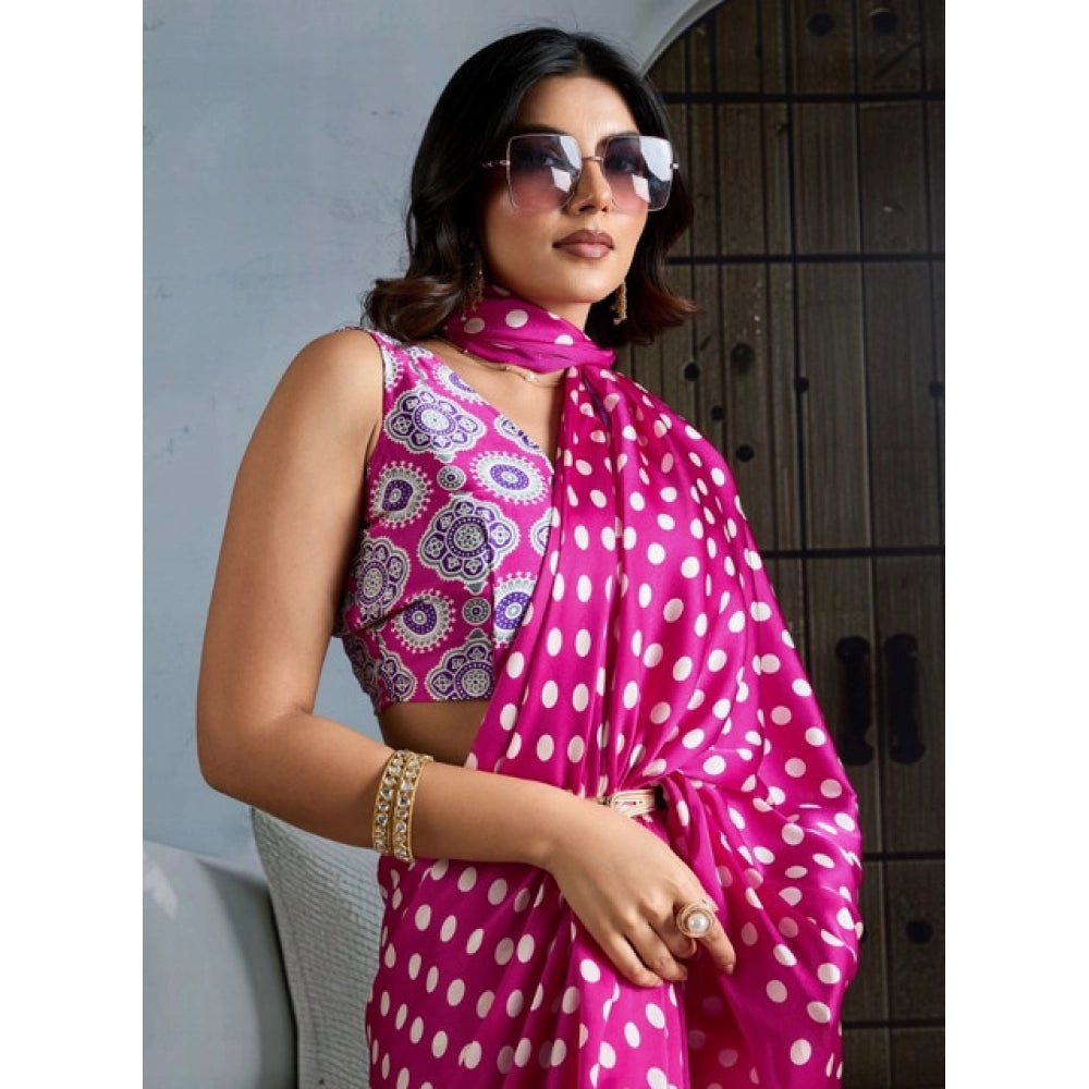 Vaystra Satin Crepe Printed Saree With Unstitched Blouse 5.5Mtr – Pink