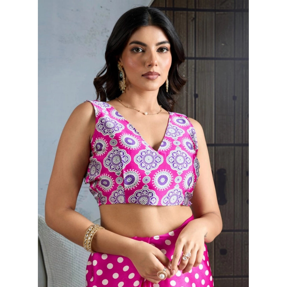 Vaystra Satin Crepe Printed Saree With Unstitched Blouse 5.5Mtr – Pink