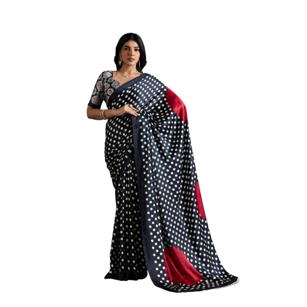 Vaystra Satin Crepe Printed Saree With Unstitched Blouse 5.5Mtr – Black