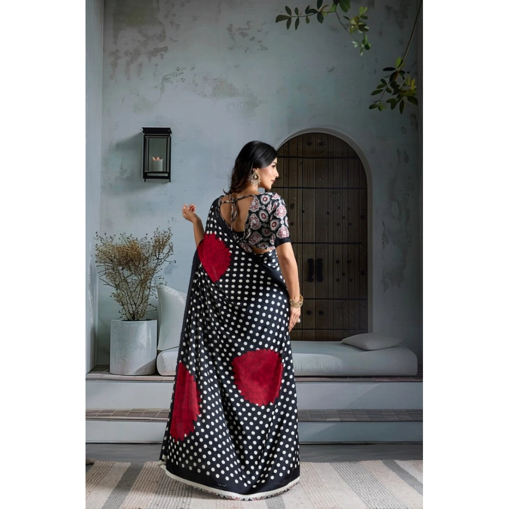 Vaystra Satin Crepe Printed Saree With Unstitched Blouse 5.5Mtr – Black
