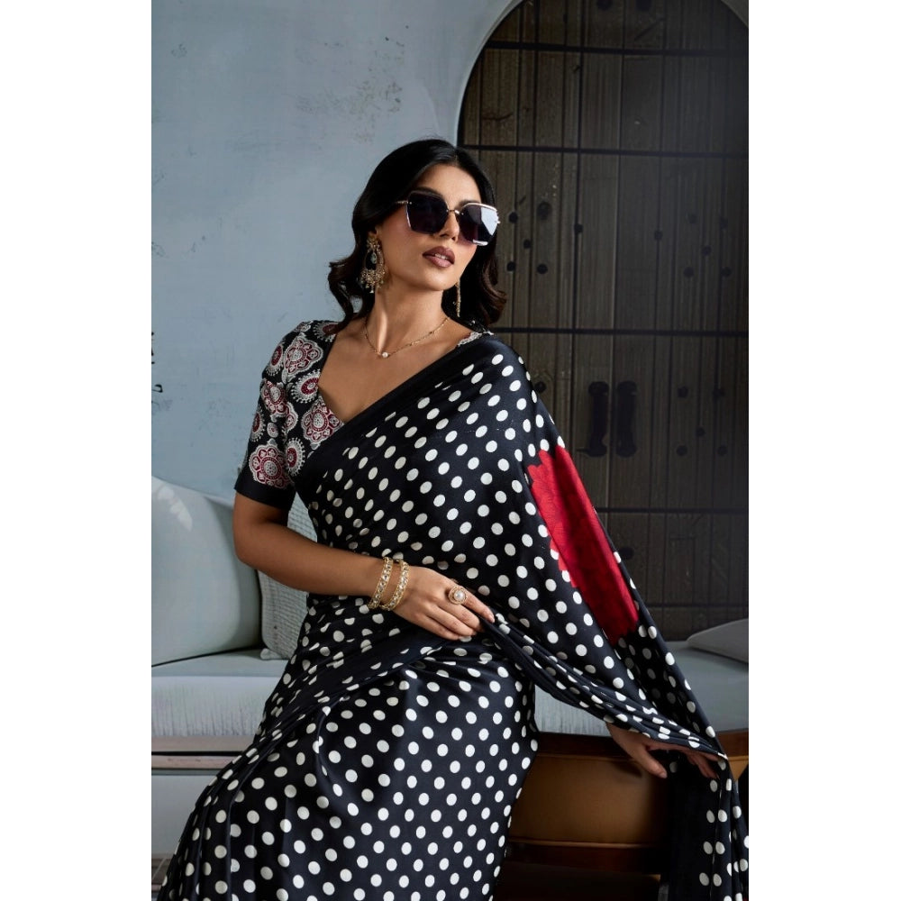 Vaystra Satin Crepe Printed Saree With Unstitched Blouse 5.5Mtr – Black