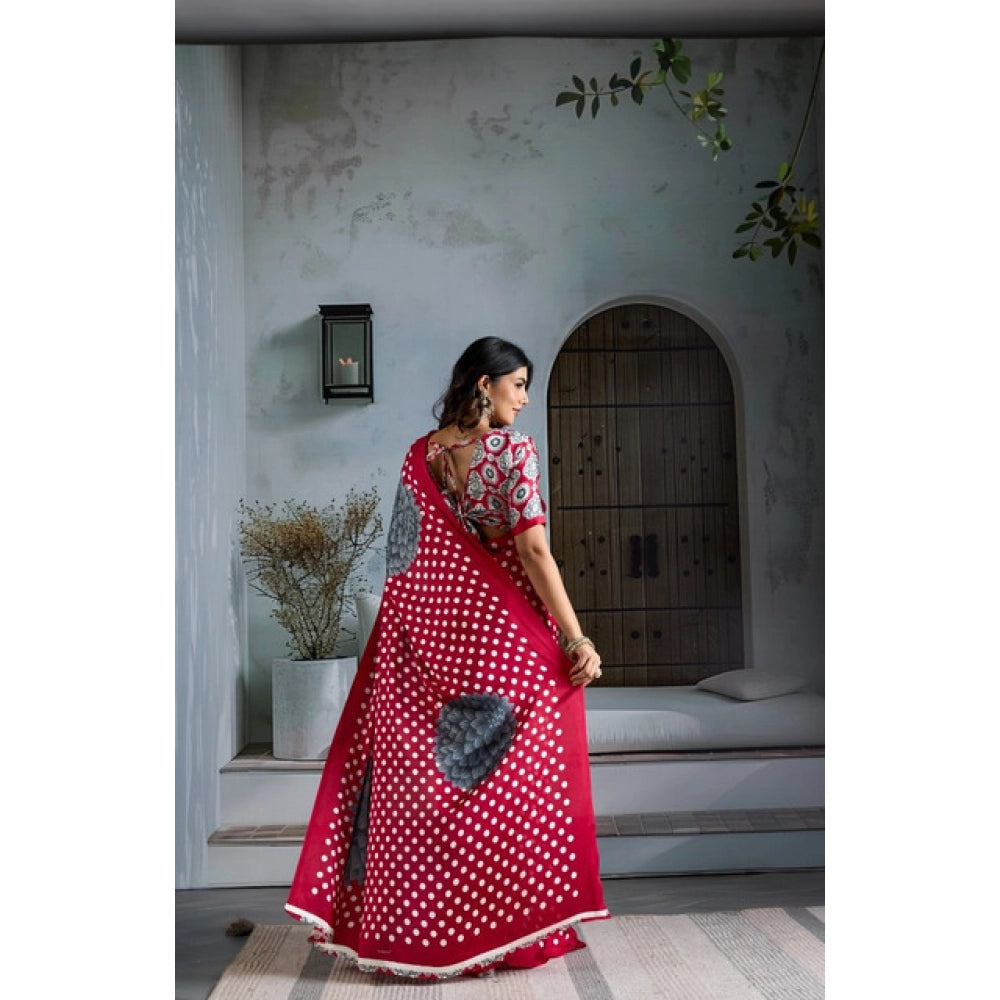 Vaystra Satin Crepe Printed Saree With Unstitched Blouse 5.5Mtr – Red