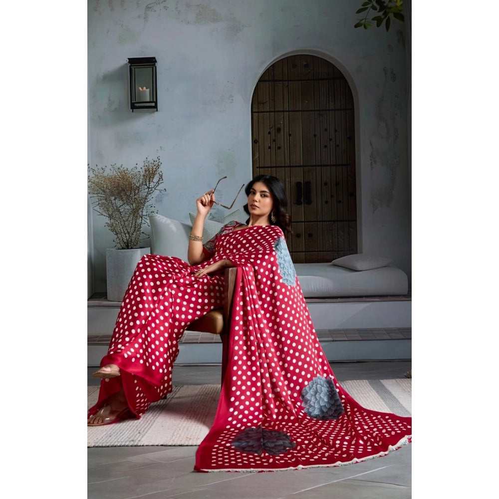 Vaystra Satin Crepe Printed Saree With Unstitched Blouse 5.5Mtr – Red