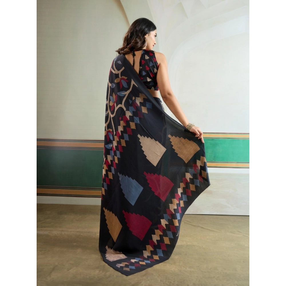 Vaystra Satin Crepe Printed Saree With Unstitched Blouse 5.5Mtr – Black