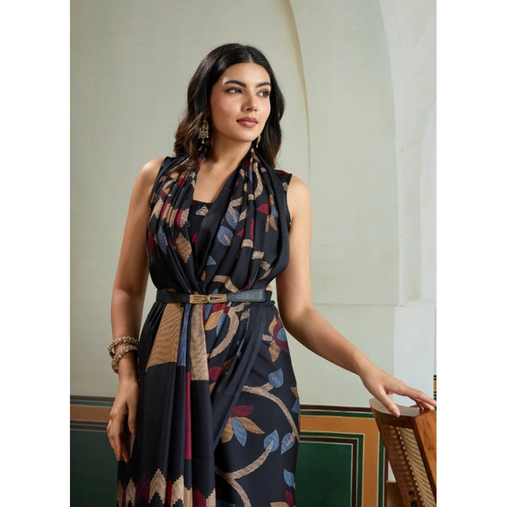 Vaystra Satin Crepe Printed Saree With Unstitched Blouse 5.5Mtr – Black