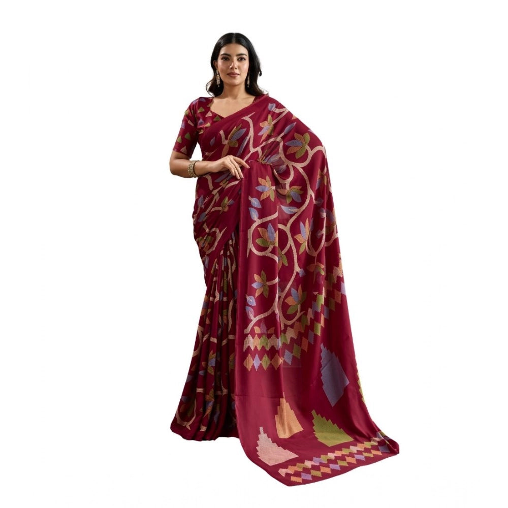 Vaystra Satin Crepe Printed Saree With Unstitched Blouse 5.5Mtr – Maroon