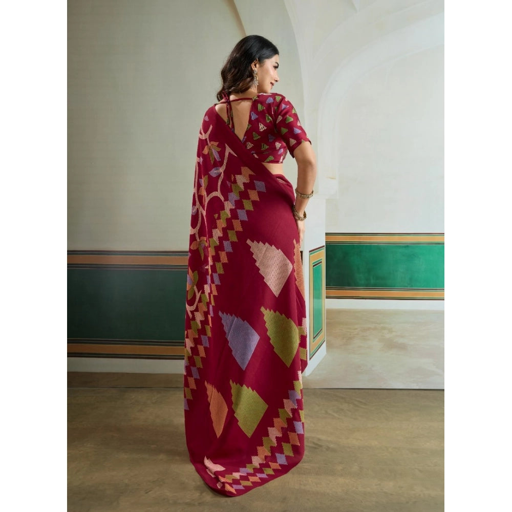 Vaystra Satin Crepe Printed Saree With Unstitched Blouse 5.5Mtr – Maroon