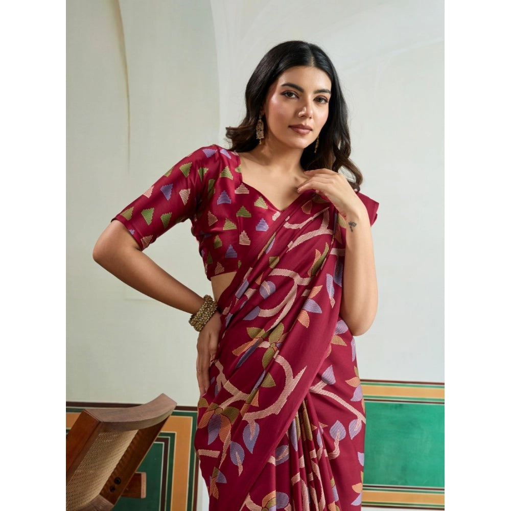 Vaystra Satin Crepe Printed Saree With Unstitched Blouse 5.5Mtr – Maroon