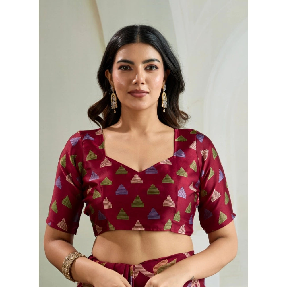 Vaystra Satin Crepe Printed Saree With Unstitched Blouse 5.5Mtr – Maroon