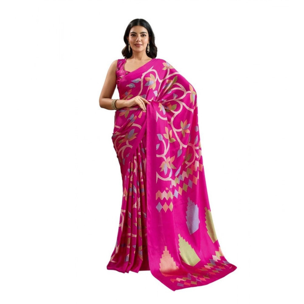 Vaystra Satin Crepe Printed Saree With Unstitched Blouse 5.5Mtr – Pink