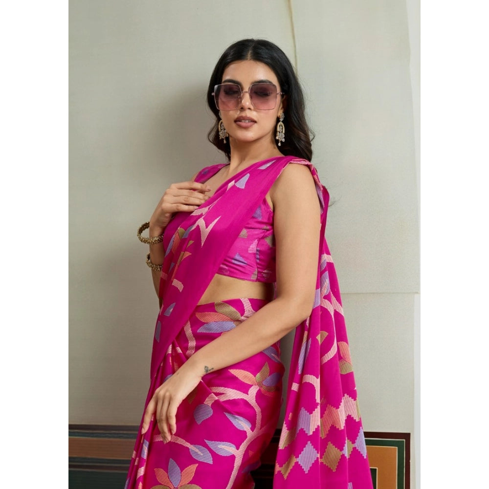 Vaystra Satin Crepe Printed Saree With Unstitched Blouse 5.5Mtr – Pink