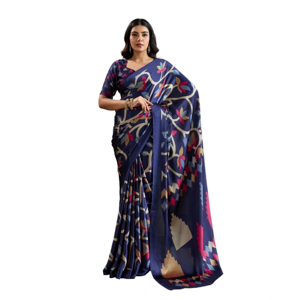 Vaystra Satin Crepe Printed Saree With Unstitched Blouse 5.5Mtr – Navy Blue