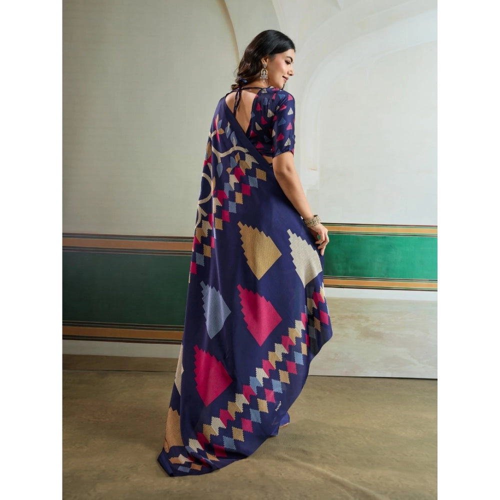 Vaystra Satin Crepe Printed Saree With Unstitched Blouse 5.5Mtr – Navy Blue