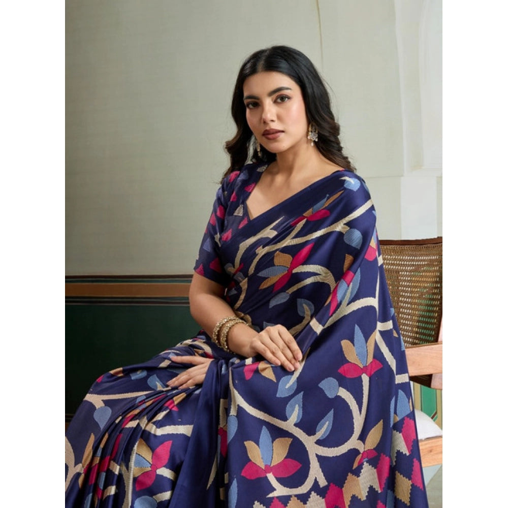 Vaystra Satin Crepe Printed Saree With Unstitched Blouse 5.5Mtr – Navy Blue