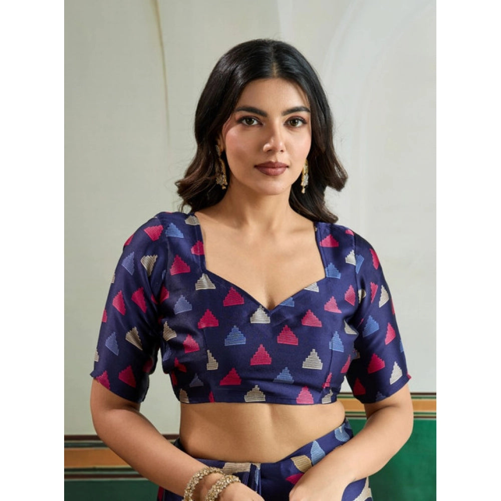 Vaystra Satin Crepe Printed Saree With Unstitched Blouse 5.5Mtr – Navy Blue