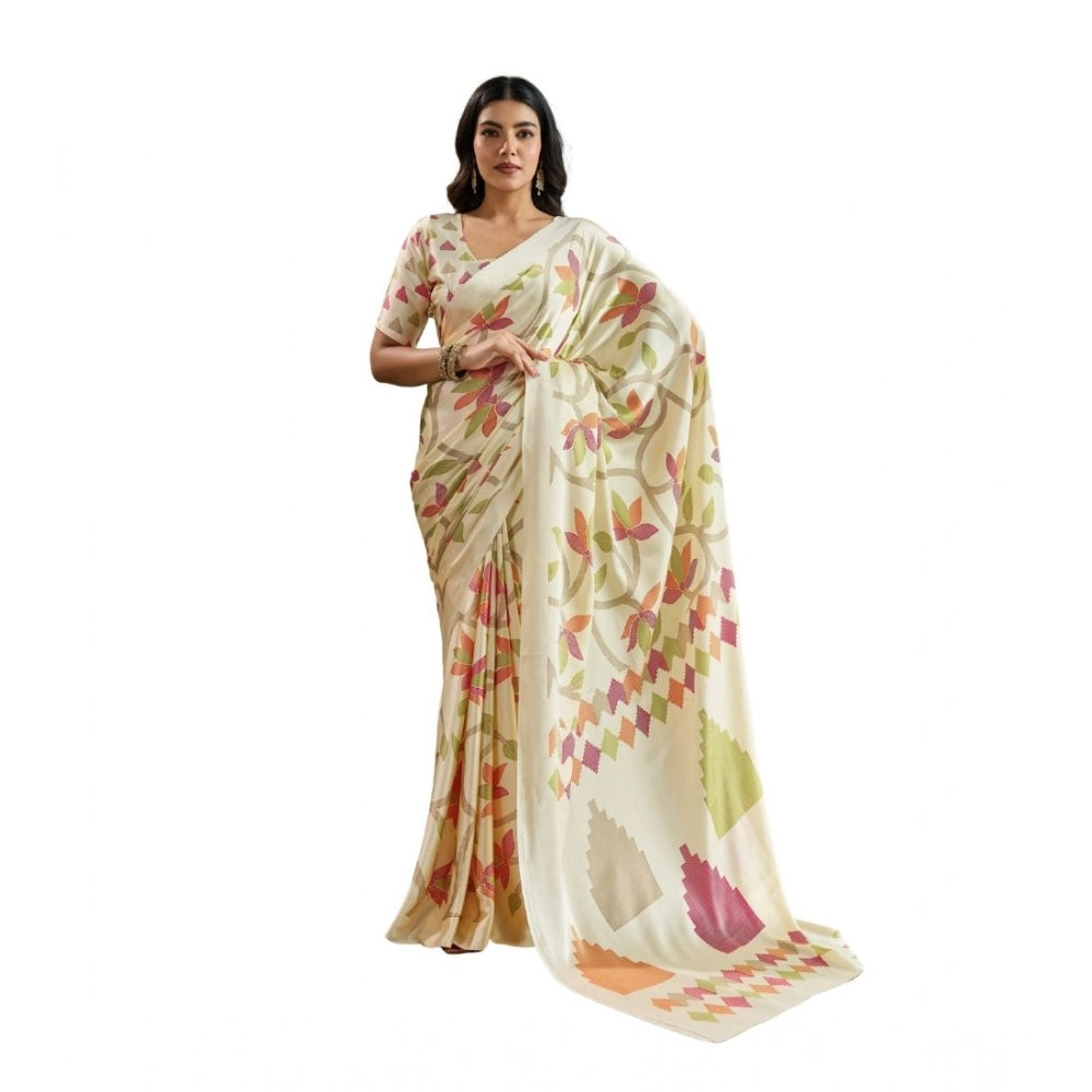 Vaystra Satin Crepe Printed Saree With Unstitched Blouse 5.5Mtr – Off White