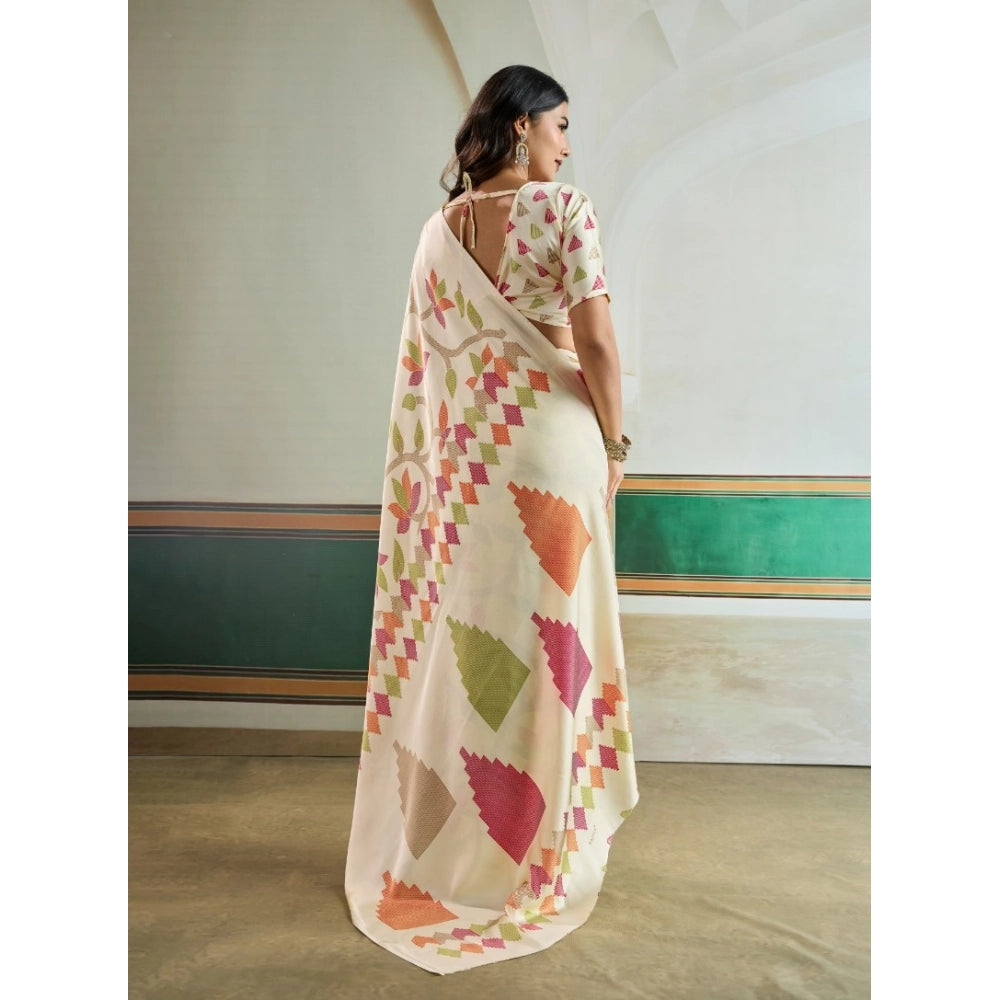 Vaystra Satin Crepe Printed Saree With Unstitched Blouse 5.5Mtr – Off White