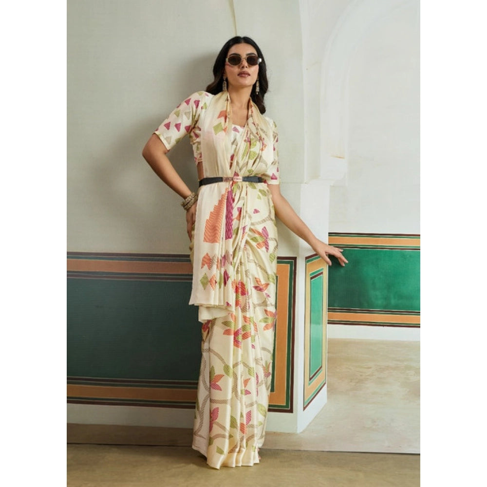 Vaystra Satin Crepe Printed Saree With Unstitched Blouse 5.5Mtr – Off White
