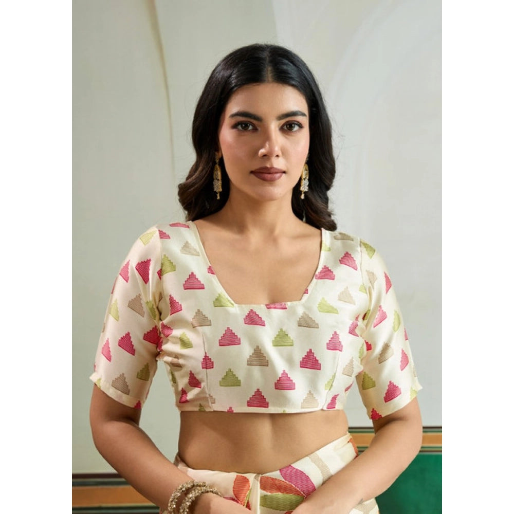 Vaystra Satin Crepe Printed Saree With Unstitched Blouse 5.5Mtr – Off White